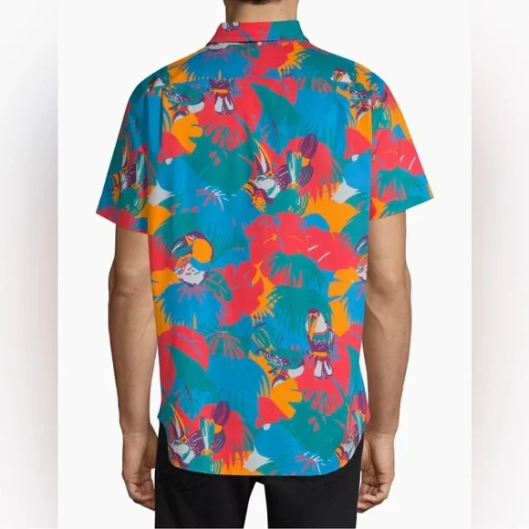 BONOBOS Coral Toucan Tropics Riviera Short Sleeve Button Down Shirt Blue Size M - Picture 2 of 11